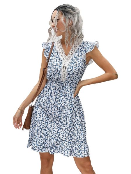 

allover floral print guipure lace insert flutter sleeve dress d6ec#, Black;gray