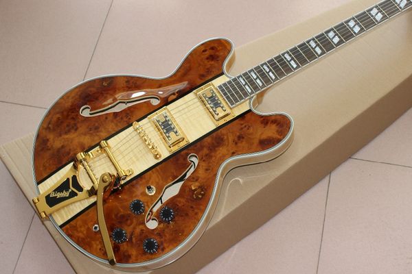 

custom shop f hollow body jazz electric guitar with gold vibrato spalted flame maple rosewood fingerboard