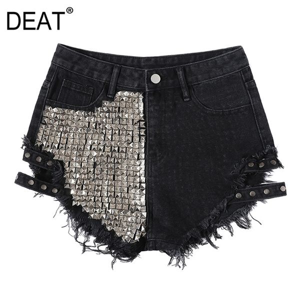 

[deat] summer fashion short pants solid color high waist distressed rivet personality women denim shorts 13c557 220419, White;black