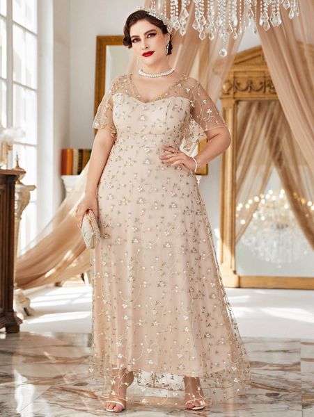 

plus floral embroidery mesh maxi dress v80t#, Black