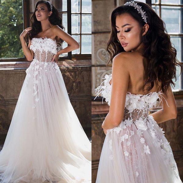 Elegante Boho A Line Abito da sposa Senza maniche Backless Applique Abiti da sposa Lunghezza pavimento Fiori Abiti abiti da sposa