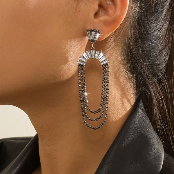 

luxury shiny rhinestones long earrings stylish black color crystal dangle earrings female ear piercing jewelry, Silver