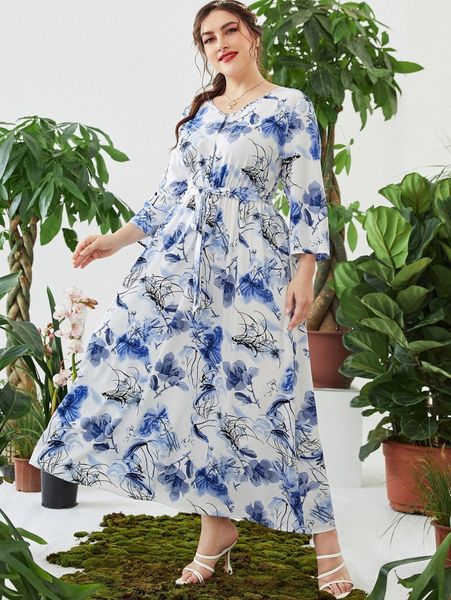 

plus floral print button front belted dress m8vx#, Black