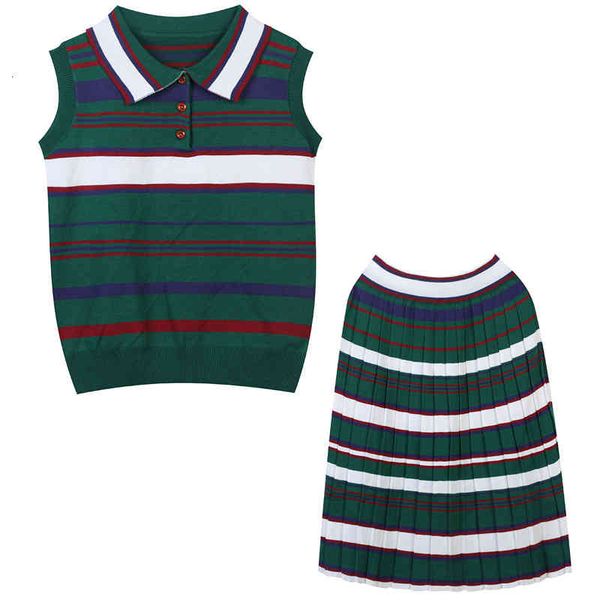 

two piece dress knitted suit spring contrast striped vest long skirt temperament british style two piece set 3uvx, White