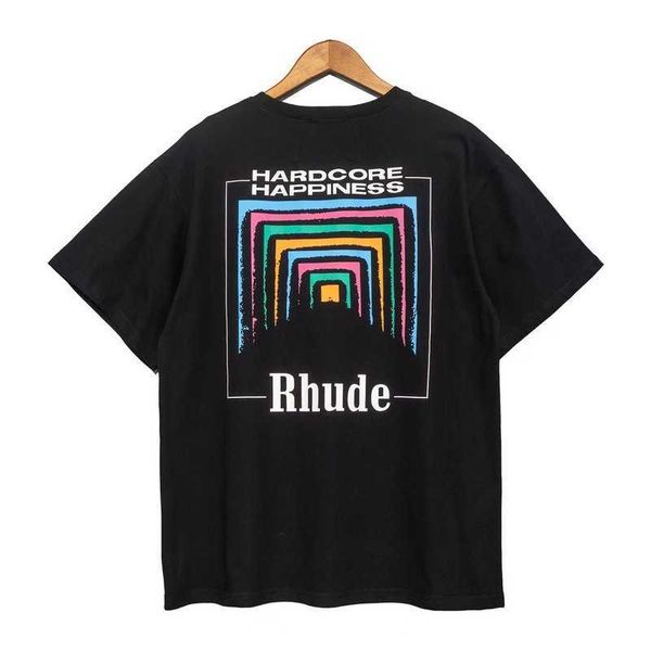 2023 New Fashion Brand Rhu Magliette da uomo e da donna Summer Short Sleeve Cigarette Box Square Array Abstract Color Tunnel Stampato sciolto