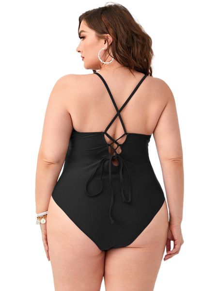 

plus solid lace up back one piece swimsuit a7lf#, White;black