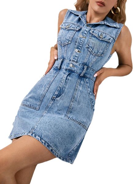 

flap pocket button front sleeveless denim dress o4x1#, Black;gray