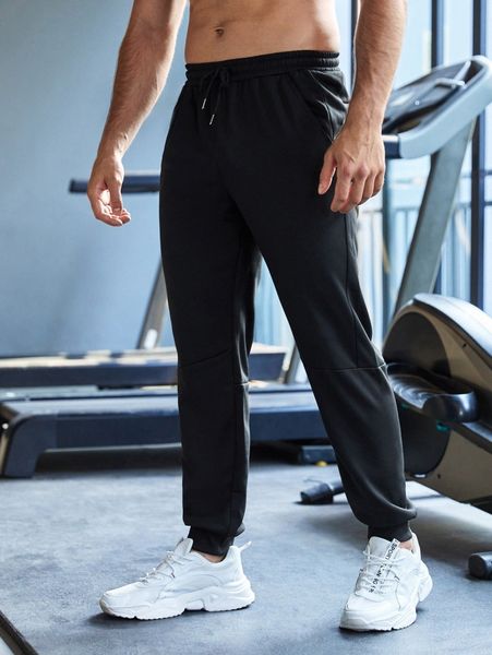 

men letter graphic drawstring waist sports pants h8he#, Black