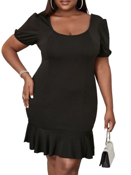 

sxy plus puff sleeve ruffle hem bodycon dress l78v#, Black