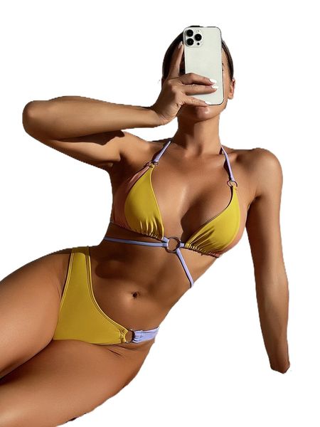 

color block ring linked halter triangle bikini swimsuit j4ac#, White;black