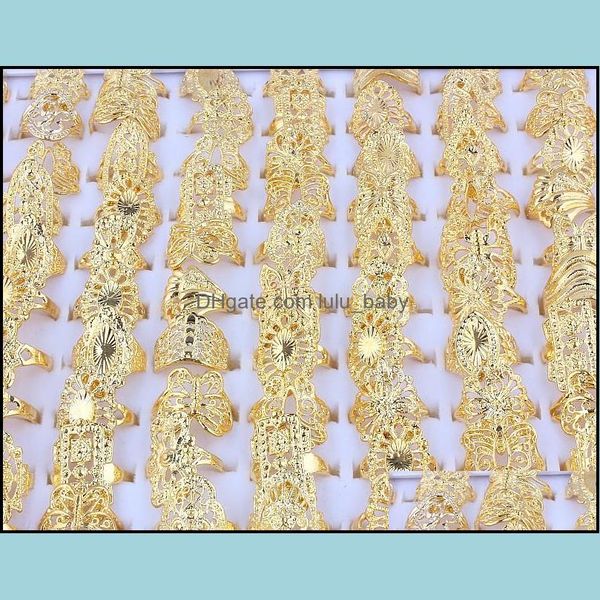Anelli a fascia Gioielli all'ingrosso 50 pezzi Forma mista Matrimonio Color oro Grande anello di fidanzamento Fiore Moda per le donne Dro Dh2Oc