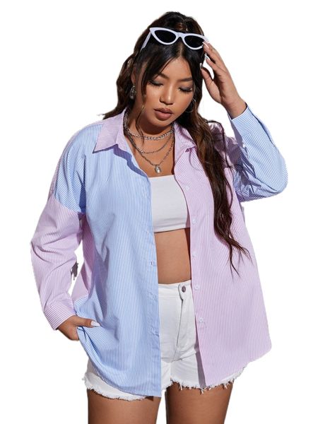 

plus color block drop shoulder shirt 22ko#, Black