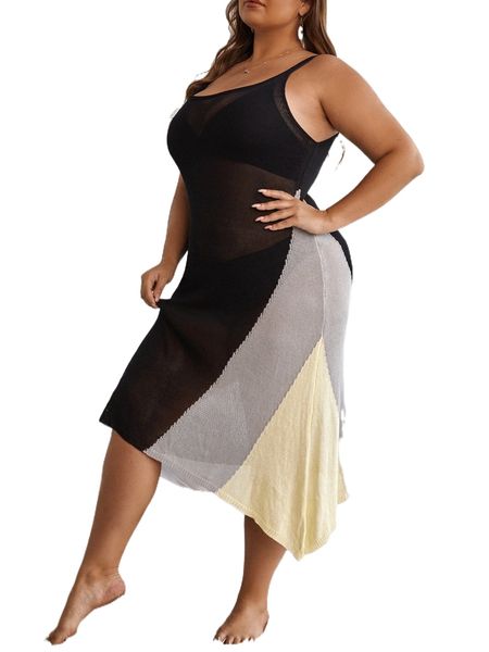 

plus color block cover up dress without bikini r1cl#, Black