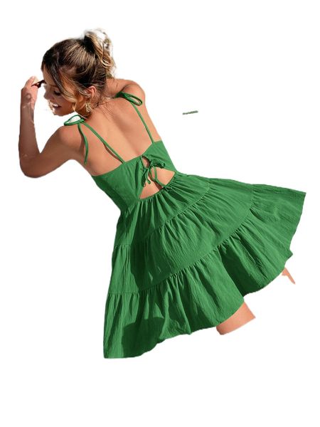 

tie shoulder cut out knot back ruffle hem cami dress s993#, Black;gray