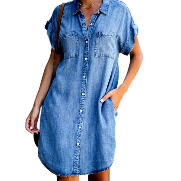 Abito estivo da donna al ginocchio Moda colletto rovesciato Abito camicia di jeans a maniche corte con bottoni Donna Abiti casual di grandi dimensioni