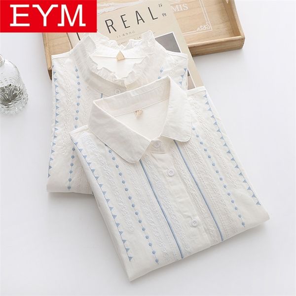 

embroidery art jacquard cotton long sleeve shirts women autumn lace white blouse ladies loose casual blouses and 210226