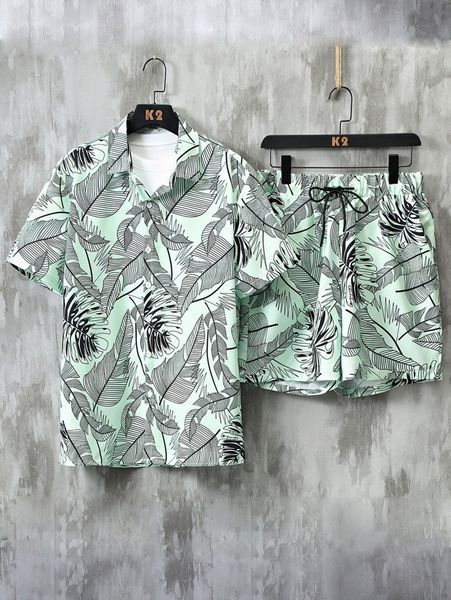 

men tropical print shirt & drawstring waist shorts h5n8#, Gray