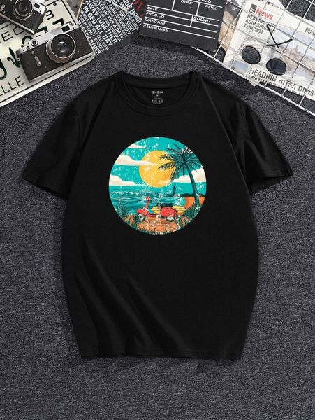 

men sun & palm tree print tee p8tl#, White;black