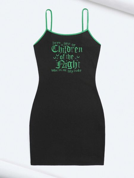 

x nemons slogan graphic cami dress 59d0#, Black;gray