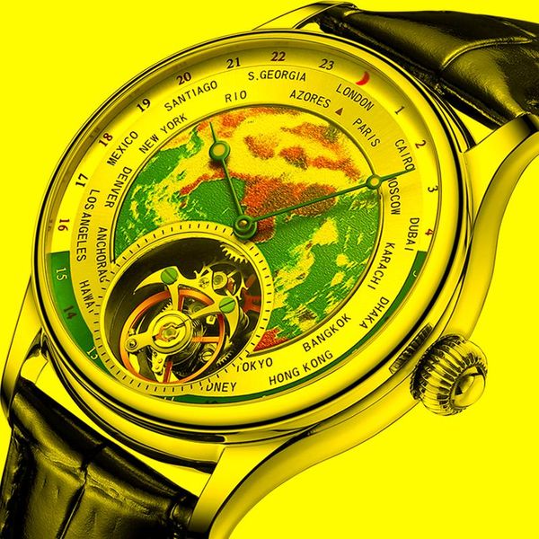 Armbanduhren Original Earth Art Emaille Zifferblatt Tourbillon Uhrwerk Herrenuhr Saphir Fliegende mechanische Uhren für Luxusarmbanduhren