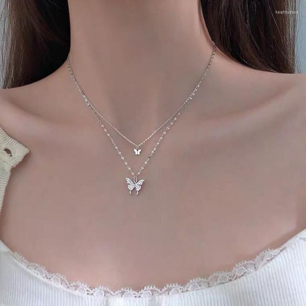 Ожерелье Чокера 925 Флэш Бриллиантовая бабочка Двойное ожерелье простые дизайн ощущение темперамента меньшинства Прохладный ключичный цепь Гот Хи