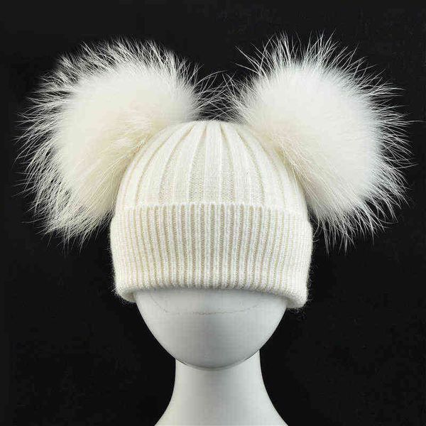 Baby Winter Hats Child Crochet Beanie Kids Warm meninos meninos bonitos de lã de lã Real Raccoon Fur Two Pom Cap J220722