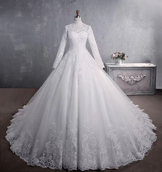 

middle east arab wedding dress beading appliques high neck long sleeve lace muslim bride dresses big trailing plus size bridal gowns custom, White