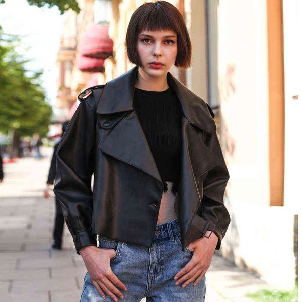 

women faux leather jacket soft loose biker coat female short motorcycle black white jacket high street leather coat l220728
