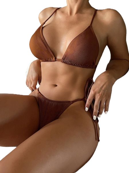 

ribbed knit triangle tie side bikini swimsuit h9zh#, White;black