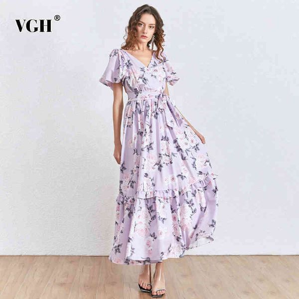 

puff short sleeve dresses for female v neck print hit color high waist slimming ruched womens elegant dress 210507, Black;gray