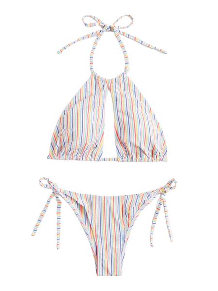 

striped drawstring halter bikini swimsuit v7by#, White;black