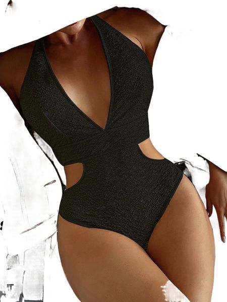 

textured cut-out halter one piece swimsuit d25f#, White;black