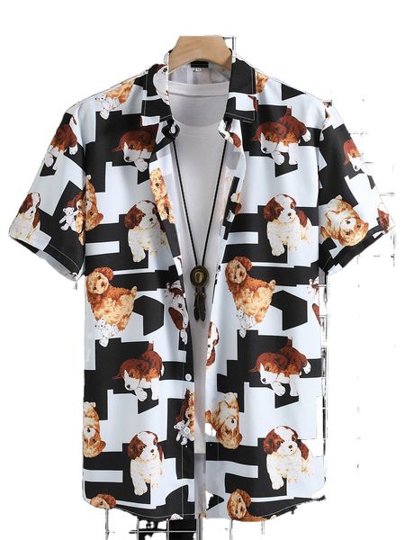 

men 1pc geo & dog print shirt k4wz#, White;black