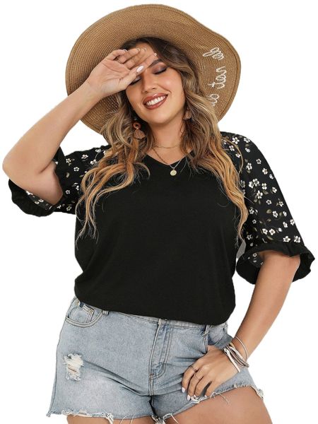 

plus floral print raglan sleeve tee x4t3#, Black
