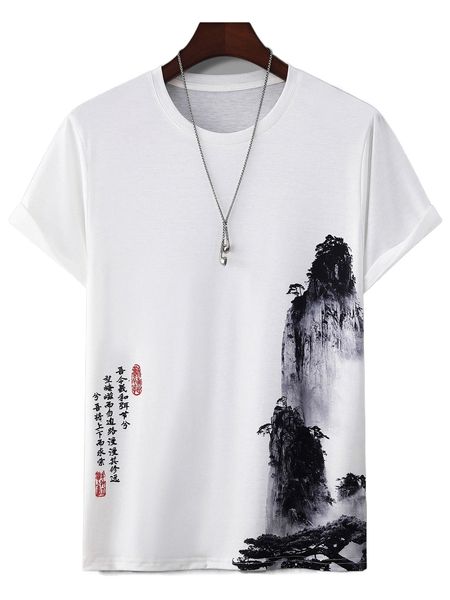 

men landscape & chinese letter graphic tee r9d1#, White;black