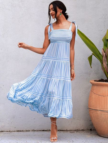 

love&lemonade striped tie shoulder shirred bodice ruffle hem cami dress u9wm#, Black;gray