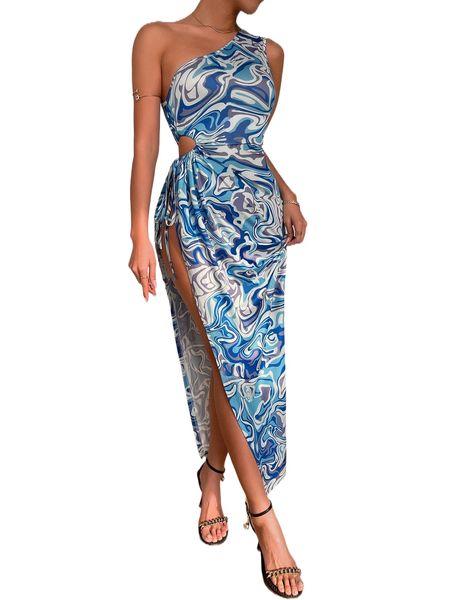 

marble print one shoulder drawstring high cut dress 37ld#, Black;gray
