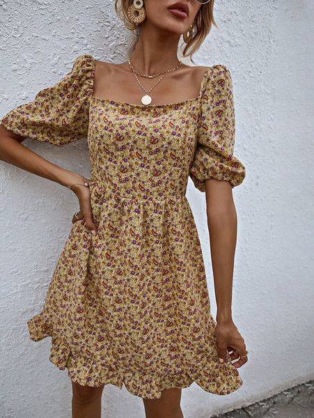 

square neck ditsy floral & paisley print a-line dress s7gc#, Black;gray