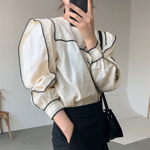 

casual oneck patchwork women blouses shirts full sleeve ruffles female spring summer blusas 220813, White