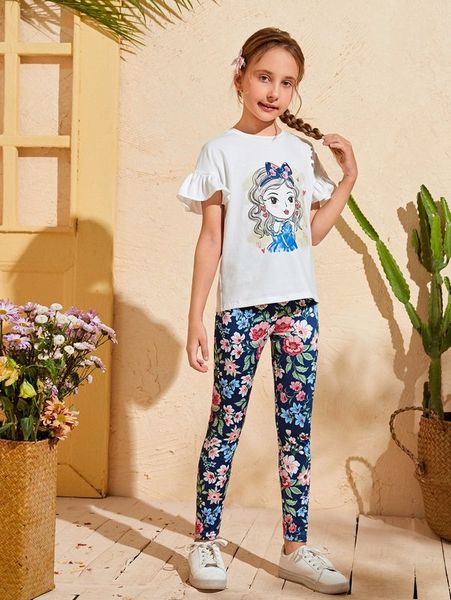 

girls figure graphic flounce sleeve tee & floral leggings set she, White