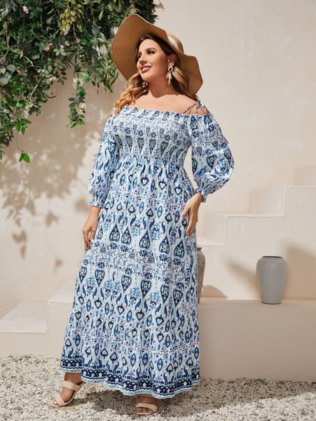 

plus allover floral print knot shoulder dress q2l7#, Black