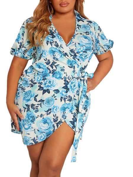 

sxy plus floral print knot side wrap dress r7wp#, Black