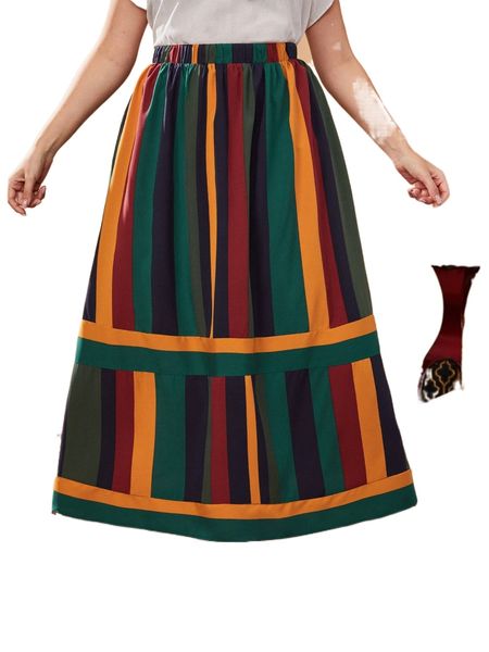 

plus striped print colorblock ruffle hem skirt s2g9#, Black