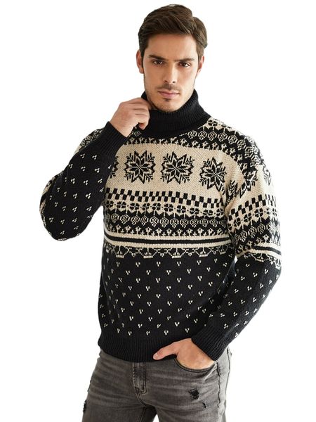 

men geo pattern turtleneck drop shoulder sweater v9am#, White;black