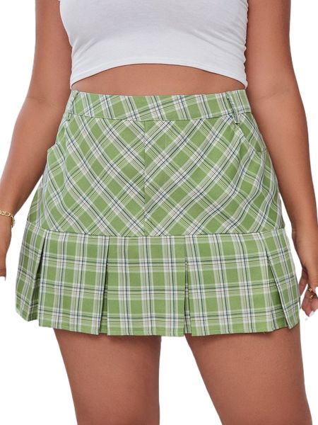 

plus high waist plaid fold pleated hem skirt t1f4#, Black