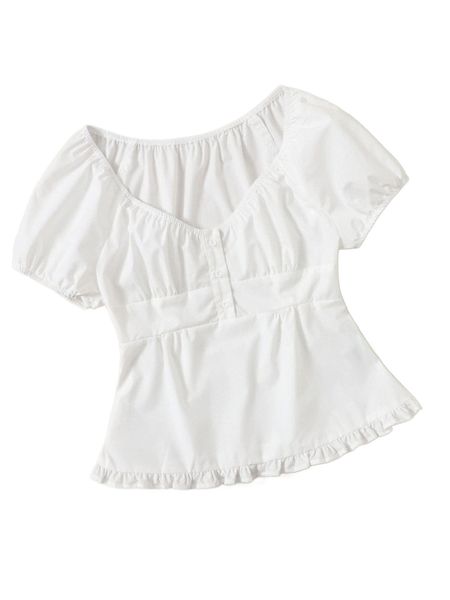 

plus puff sleeve frilled button half placket blouse a6mz#, Black