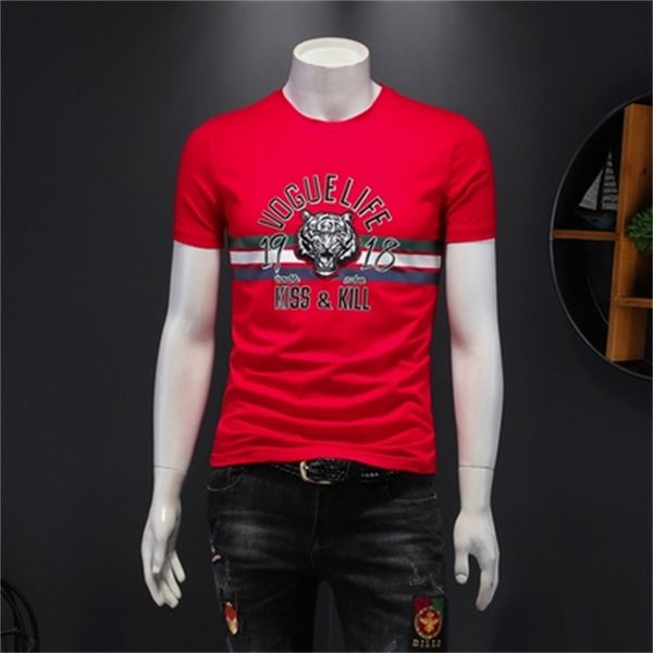 

summer new embroidered printing short-sleeved t-shirts men's 2023 trend fashion casual all-match slim round neck cotton bottoming shir, White;black