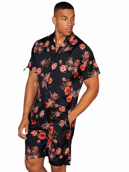 

men tropical print shirt & shorts 691d#, Gray