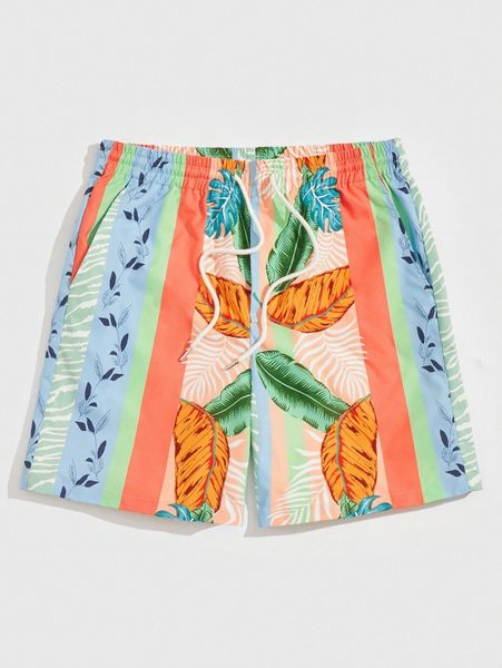 

men tropical print drawstring waist shorts 83hm#, White;black