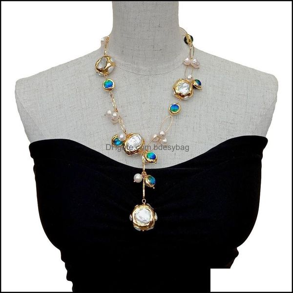 Colares pendentes pingentes jóias yygem azul murano vidro de água doce cutured white keshi pérola dourada colar colar de ouro 21 